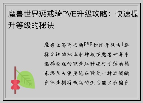 魔兽世界惩戒骑PVE升级攻略：快速提升等级的秘诀